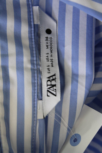 Zara Womens Blue Striped Collared Button-Up Long Sleeve Basic Top Size L