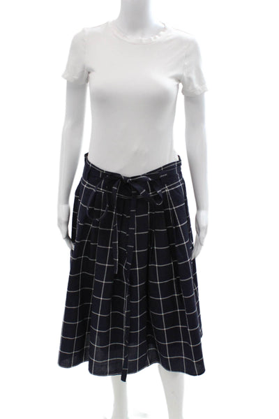 Paul Smith Women Pleated Wrap Skirt Dark Blue Check Wool Cotton Knee Size 46