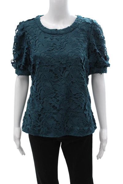 Marchesa Notte Women Dark Blue Floral Short Sleeve Round Neck Blouse Size 8