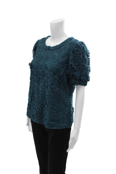 Marchesa Notte Women Dark Blue Floral Short Sleeve Round Neck Blouse Size 8