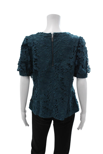 Marchesa Notte Women Dark Blue Floral Short Sleeve Round Neck Blouse Size 8