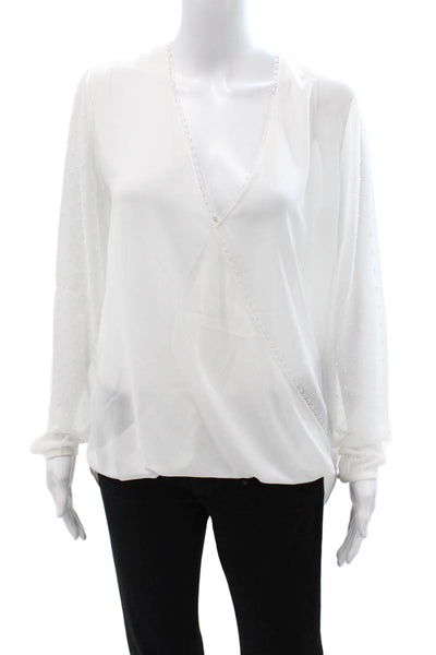 Reiss Women White Silk V-Neck Polka Dot Long Sleeve Blouse Size 8