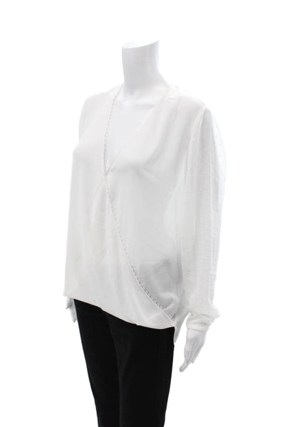 Reiss Women White Silk V-Neck Polka Dot Long Sleeve Blouse Size 8