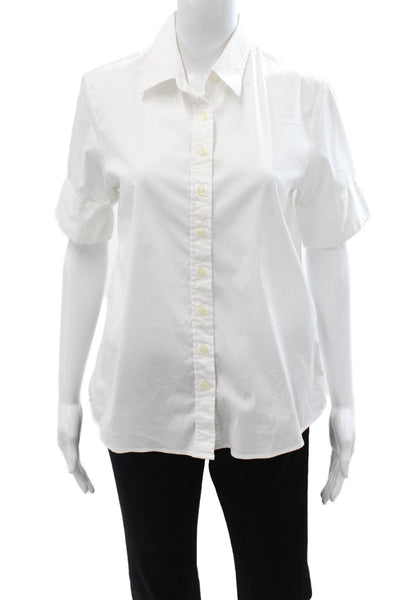 The Shirt Women Short Sleeve Collared Button-Up Basic White Cotton Blend Size L