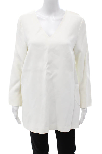 Lisa Perry Womens Silk V-Neck Tunic Blouse Long Sleeve White Zip Size 10