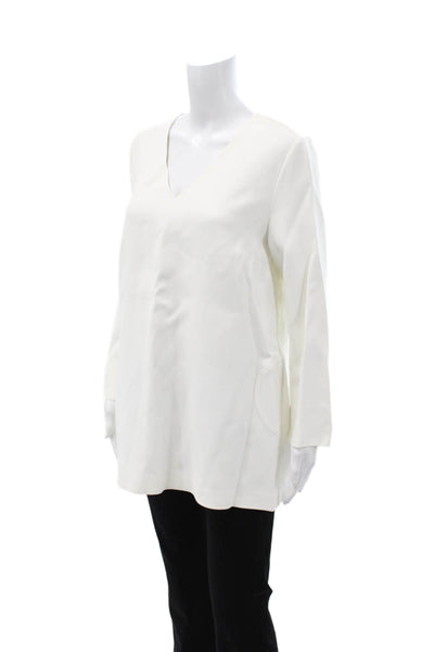 Lisa Perry Womens Silk V-Neck Tunic Blouse Long Sleeve White Zip Size 10