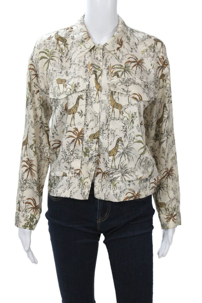 Zara Women Beige Animal Print Collared Button-Up Blouse Long Sleeve Size XS