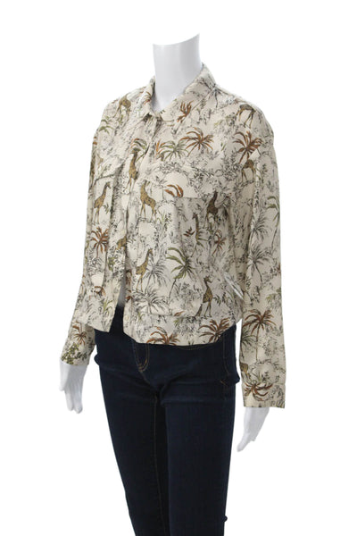 Zara Women Beige Animal Print Collared Button-Up Blouse Long Sleeve Size XS