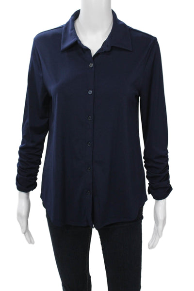 Cable & Gauge Women Collared Long Sleeve Button-Up Top Dark Blue Basic Size M