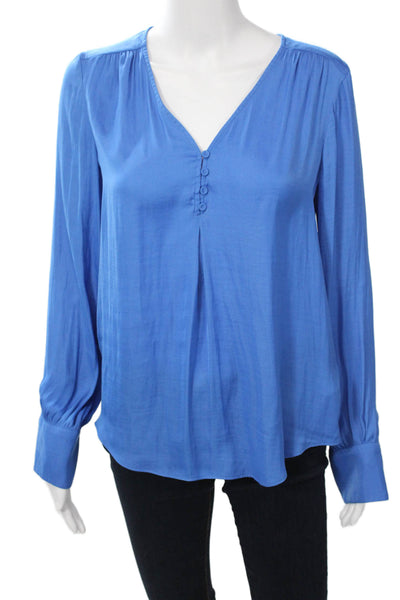 Maison D'Amelie Women Blue V-Neck Long Sleeve Button Blouse Polyester Size XS