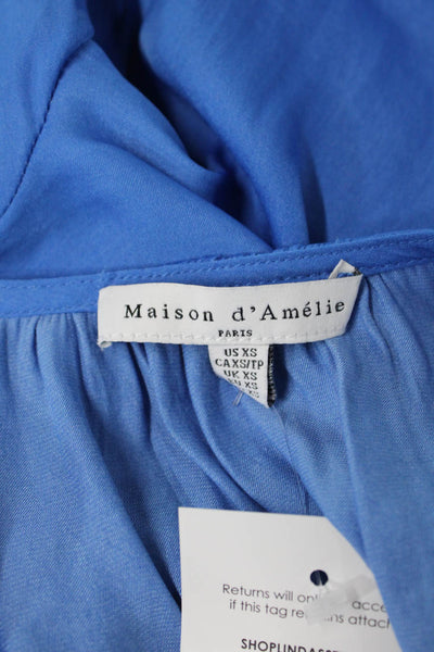 Maison D'Amelie Women Blue V-Neck Long Sleeve Button Blouse Polyester Size XS