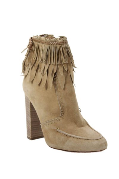 Aquazzura Womens Suede Fringe Detail Block Heels Bootie Shoes Beige Size 5.5