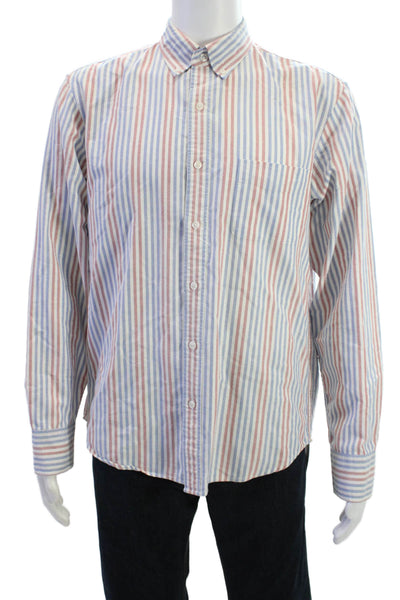 J Crew Mens Striped Flex Oxford Slim Fit Shirt Blue Red Cotton Size Large