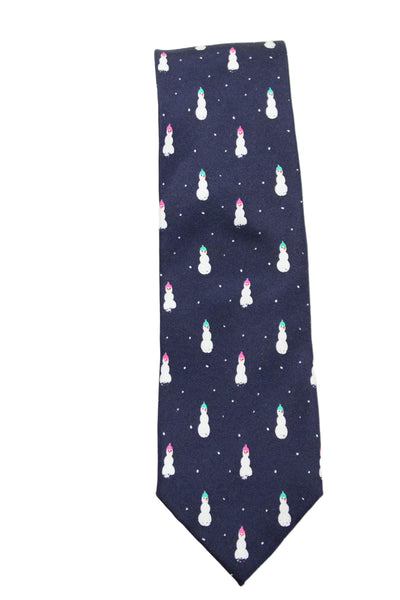 J Crew Mens Silk Snowman Print Skinny Necktie Navy Blue