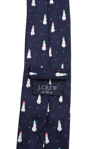 J Crew Mens Silk Snowman Print Skinny Necktie Navy Blue