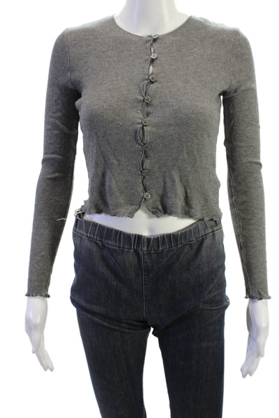 Samsoe & Samsoe Women Cropped Gray Button Up Top Long Sleeve Crew Neck Size XS