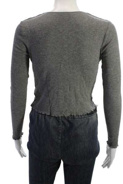 Samsoe & Samsoe Women Cropped Gray Button Up Top Long Sleeve Crew Neck Size XS