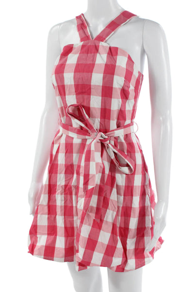 Draper James Women Sleeveless Pink Check Sundress Tie Waist Knee-Length Size 0