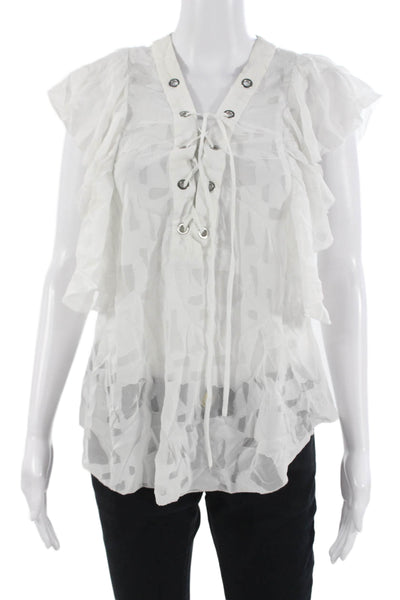 IRO Women White Lace Up Bohemian Geometric Blouse Sleeveless Size 36