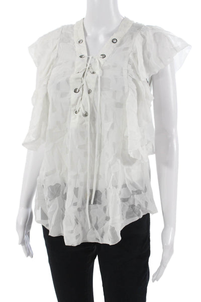 IRO Women White Lace Up Bohemian Geometric Blouse Sleeveless Size 36
