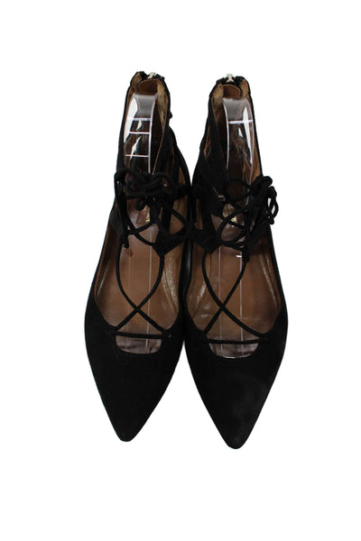 Aquazzura Womens Suede Pointed Toe Lace Up Flats Black Size 6