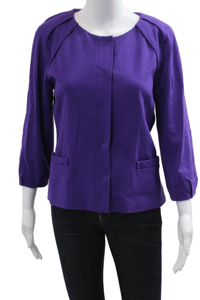 Elie Tahari Women Purple Button Up Blouse 3/4 Sleeve Round Neck Size S