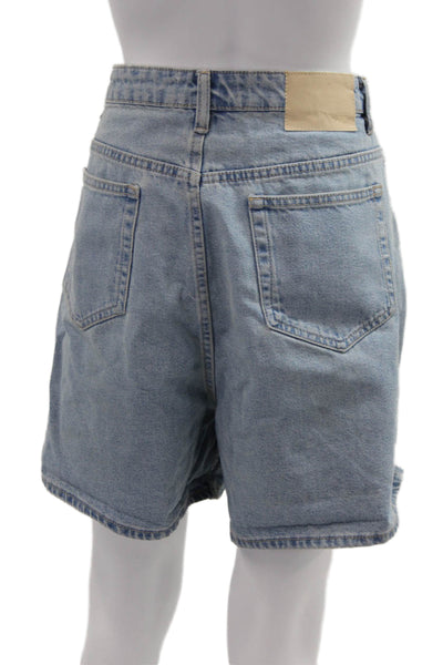 Zara Unisex Bermuda Shorts Light Blue 100% Cotton Solid Button Size 12