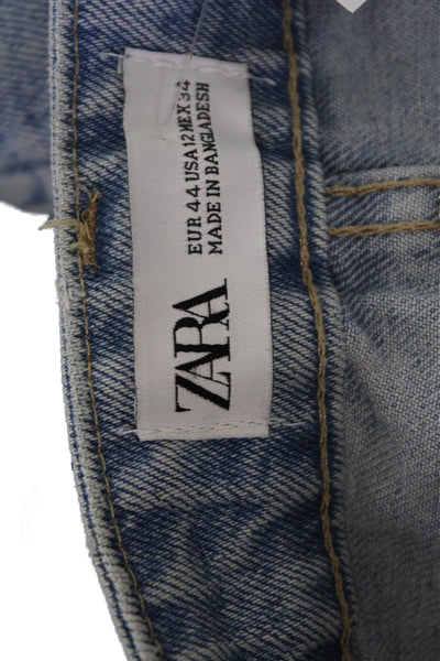Zara Unisex Bermuda Shorts Light Blue 100% Cotton Solid Button Size 12