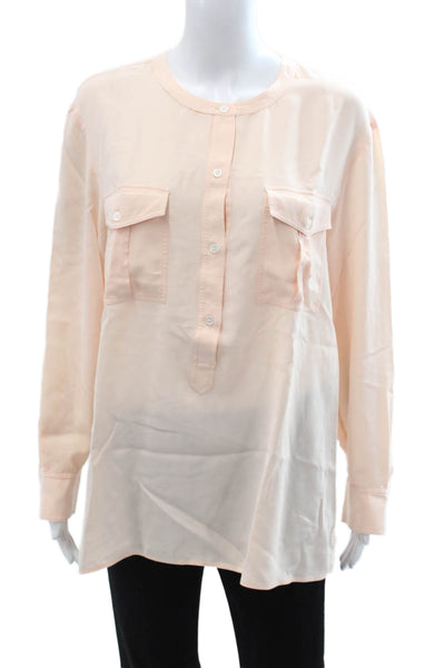 Theory Womens Tunic Blouse Beige Silk Long Sleeve Round Neck Button Up Size L