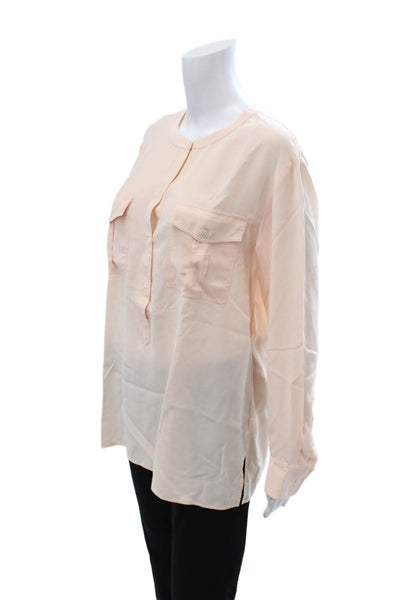 Theory Womens Tunic Blouse Beige Silk Long Sleeve Round Neck Button Up Size L