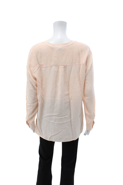 Theory Womens Tunic Blouse Beige Silk Long Sleeve Round Neck Button Up Size L