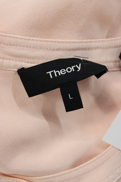 Theory Womens Tunic Blouse Beige Silk Long Sleeve Round Neck Button Up Size L