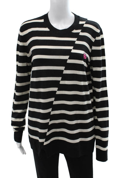 McQ Unisex Black Wool Striped Pullover Sweater Crew Neck Bird Size L