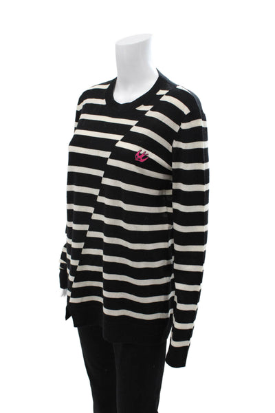 McQ Unisex Black Wool Striped Pullover Sweater Crew Neck Bird Size L