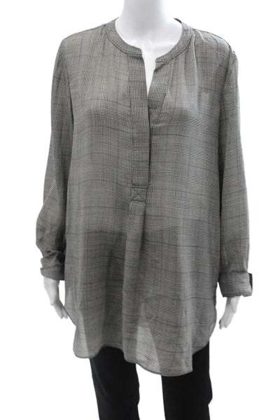 Theory Women Tunic Blouse Gray Plaid Long Sleeve Round Neck Size L