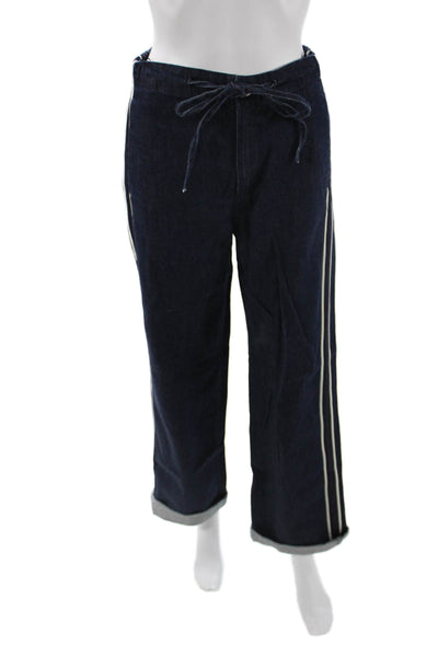 Zara Unisex Cropped Jogger Pants Dark Blue Striped Cotton High Rise Size 2