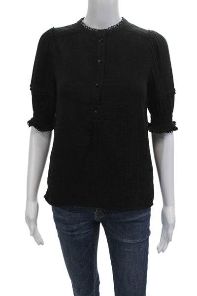 Me + Em Womens Black Cotton Button Up Blouse Crew Neck 3/4 Sleeve Boho Size 0