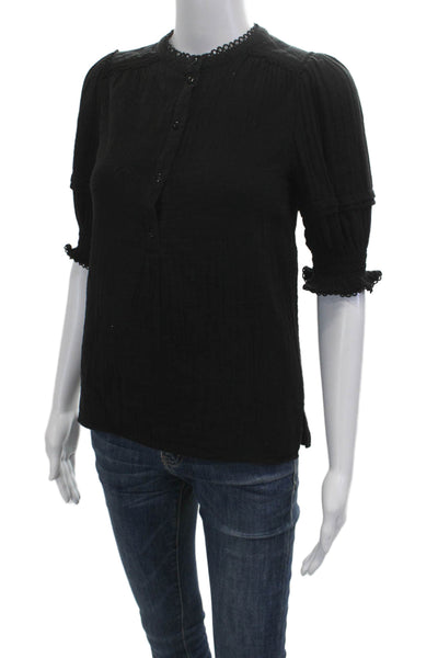 Me + Em Womens Black Cotton Button Up Blouse Crew Neck 3/4 Sleeve Boho Size 0