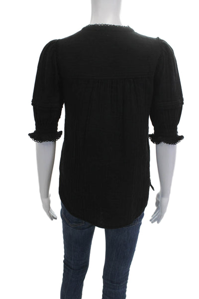 Me + Em Womens Black Cotton Button Up Blouse Crew Neck 3/4 Sleeve Boho Size 0