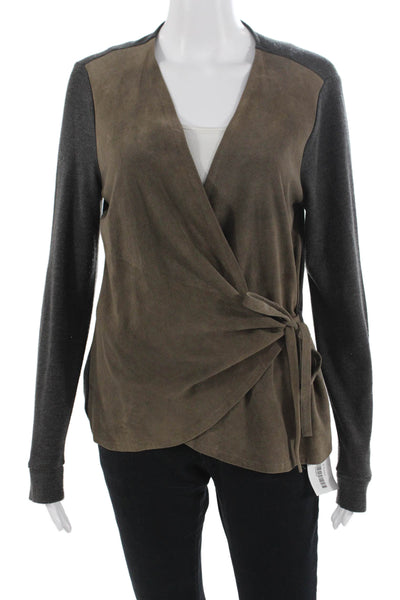 Ecru Women V-Neck Tie Front Brown Sweater Long Sleeve Army Size M