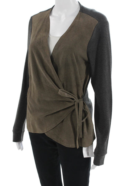 Ecru Women V-Neck Tie Front Brown Sweater Long Sleeve Army Size M