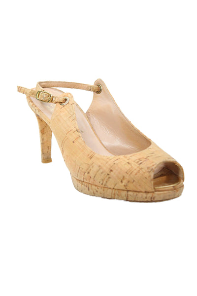 Stuart Weitzman Womens Stiletto Peep Toe Cork Slingback Pumps Brown Size 7M