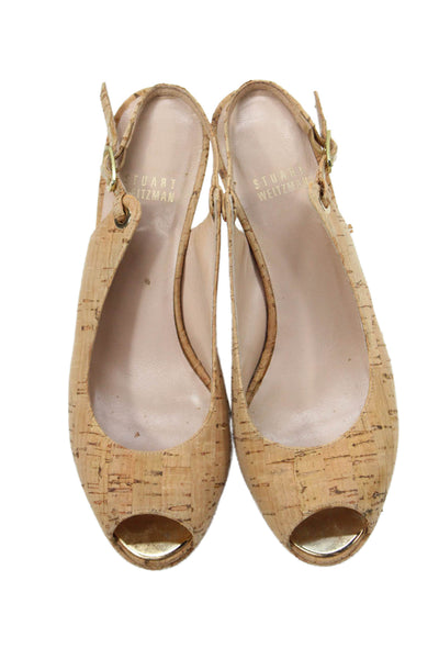 Stuart Weitzman Womens Stiletto Peep Toe Cork Slingback Pumps Brown Size 7M