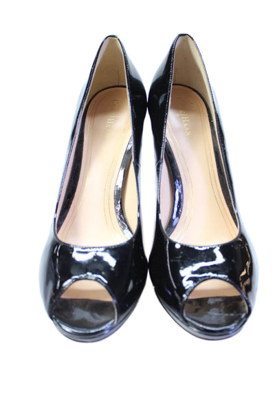 Cole Haan Womens Stiletto Heel Patent Leather Peep Toe Pumps Black Size 9