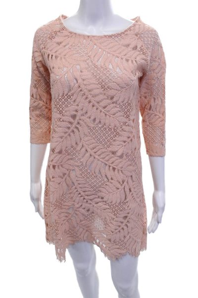 Valerie Khalfon Womens Pink Floral Shift Dress 3/4 Sleeve Designer Size 40