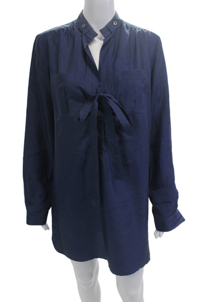 Derek Lam Women Tunic Long Sleeve High Neck Dark Blue Silk Button Size 6