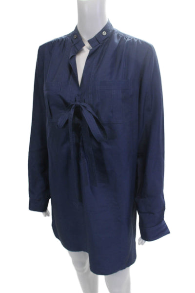 Derek Lam Women Tunic Long Sleeve High Neck Dark Blue Silk Button Size 6
