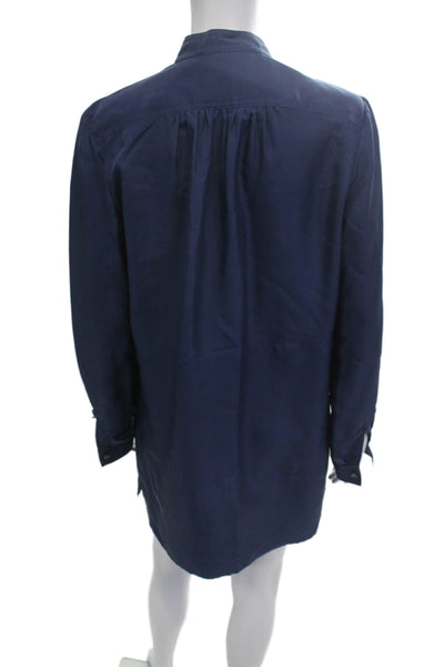 Derek Lam Women Tunic Long Sleeve High Neck Dark Blue Silk Button Size 6