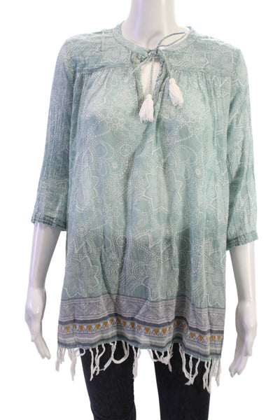 Roller Rabbit Women Light Blue Paisley Tunic Blouse 3/4 Sleeve Cotton Size XS