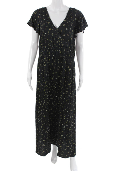 Able Women Maxi Wrap Dress Black Floral Short Sleeve V Neck 100% Viscose Size L